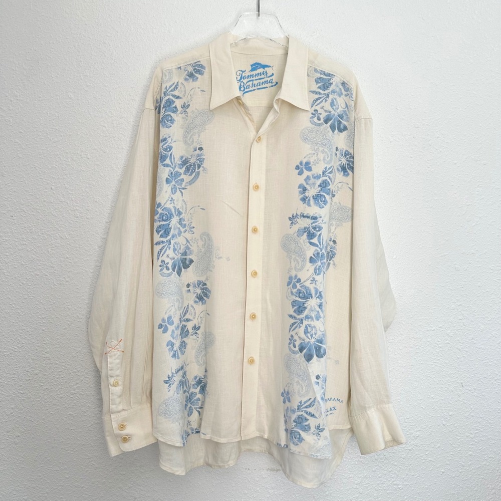 Tommy Bahama Button Down Shirt Mens XXL Cream Linen Long Sleeve Floral Resort
